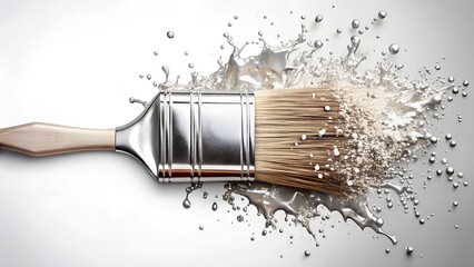 synthetic paint brush with metallic silver paint isolated on white background