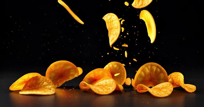 Crispy potato chips falling against black backdrop studio shot