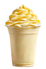 Creamy, light yellow frozen drink in clear cup, topped with whipped cream