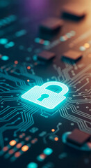 Glowing padlock on circuit board, symbolizing digital security and data protection, ideal for tech or cybersecurity concepts