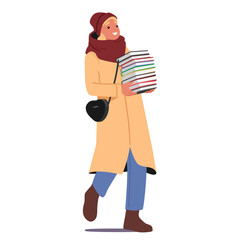 Pretty woman cartoon character wearing winter clothes carrying books stack enjoying Christmas fair