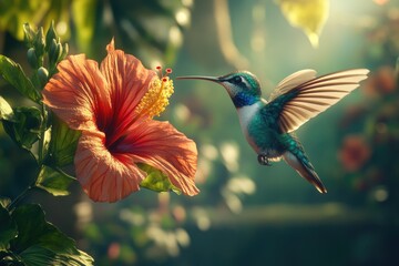 Naklejka premium A stunning hummingbird with iridescent plumage approaches a radiant orange hibiscus bloom in a sun-dappled garden.