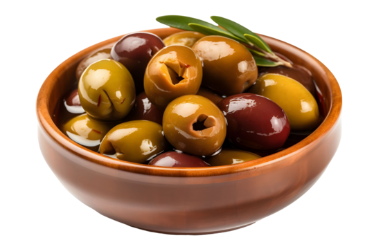 Close Up of Brown Bowl Full of Green Brown and Reddish Olives Isolated on Transparent Background