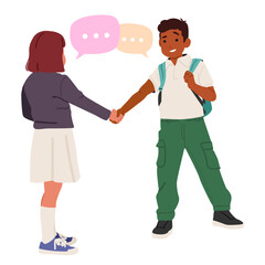 Schoolboy and schoolgirl shaking hands each other get acquainted isolated on white background