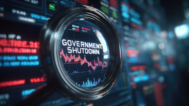 Government shutdown impact on the stock market. Magnifying glass over a falling financial chart symbolizes economic crisis.