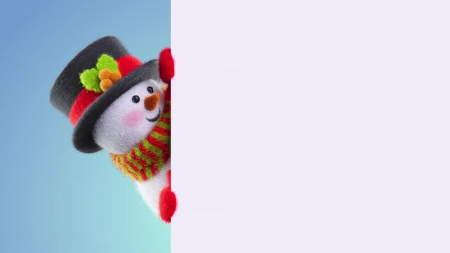 Wool‑felt snowman pops in from the left, waves a red mitten, and smiles behind a white banner in a clean studio clip.