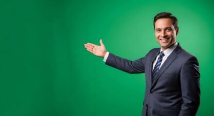 Man in suit showing empty space on chromakey green screen. Male presenter smiling and gesturing with hand. Effect for video production.