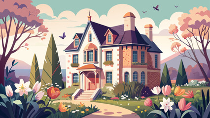 Elegant French village home surrounded by daffodils and wildflowers, subtle shadows, detailed vector illustration, pastel tones, perfect for spring celebration scenes on white background.