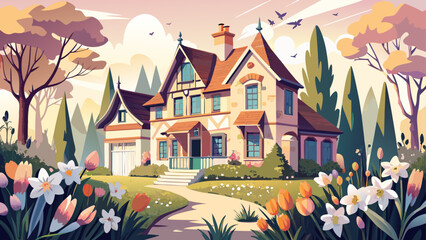 Elegant French village home surrounded by daffodils and wildflowers, subtle shadows, detailed vector illustration, pastel tones, perfect for spring celebration scenes on white background.