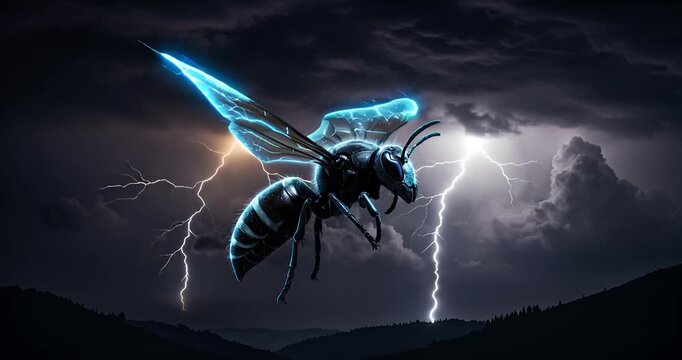 Electric bee with glowing wings flies in stormy sky with lightning