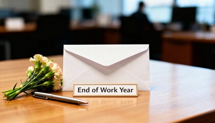 A workplace table with a white envelope, soft flowers and a pen near a sign reading &ldquo;End of Work Year&rdquo;, symbolizing gratitude, reflection and closure in a professional environment.