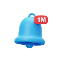 Blue notification bell with 1 million badge isolated on transparent background