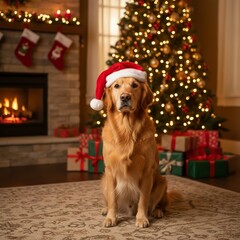 Golden Retriever dog wearing Santa hat sitting in front of a cozy Christmas tree with lights and fireplace, festive holiday background