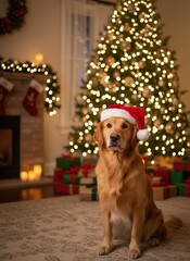 Golden Retriever dog wearing Santa hat sitting in front of a cozy Christmas tree with lights and fireplace, festive holiday background