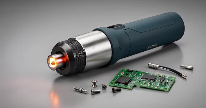 Electric screwdriver with electronic components on grey surface