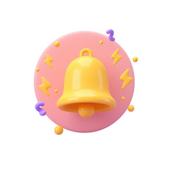 3d cartoon yellow bell icon on a pink circle with small yellow and purple dots isolated on transparent background