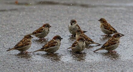 A Group Of Sparrows Huddled Together On A Wet Paved Surface