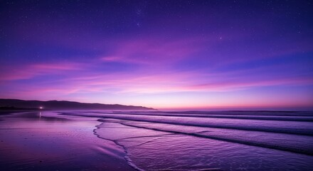 Dramatic purple sunset over the ocean with stars in the sky, creating a serene and peaceful atmosphere