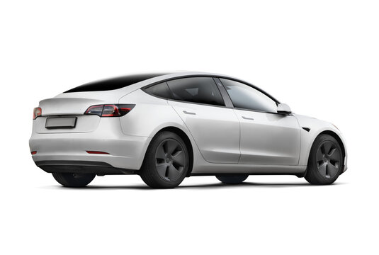 Rear and right side view of a white modern electric car captured on a transparent background