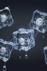 Abstract conceptual shot of clear ice cubes with virus-like core and electrical arcs.