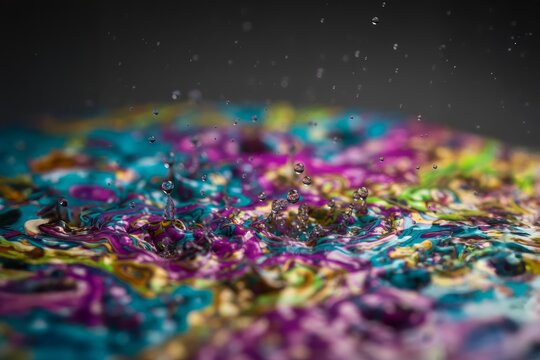 Macro water droplet splash in swirling pink blue and gold liquid. - Powered by Adobe