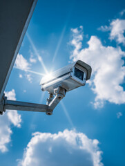 Outdoor security camera mounted on a metal arm against a vibrant blue sky with fluffy clouds and bright sunlight reflecting on the camera surface