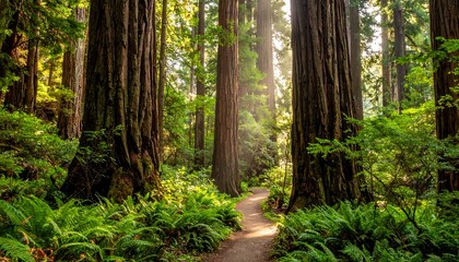 Path through an ancient redwood forest, sunlit canopy, lush green undergrowth