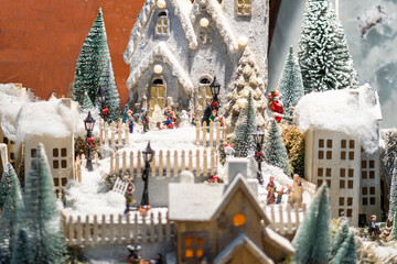 Miniature snowy Christmas village scene