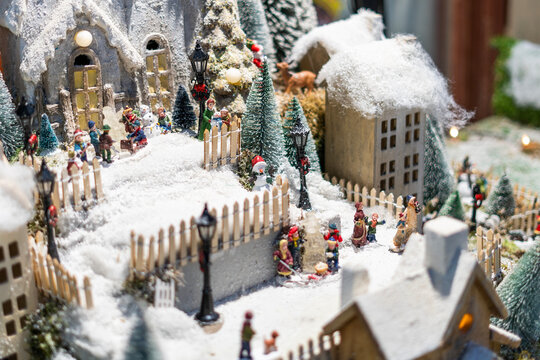 Miniature snowy Christmas village scene