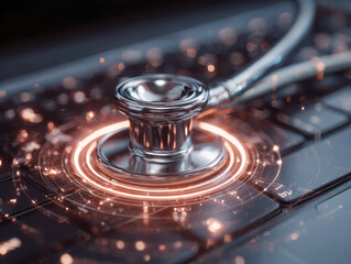 Close-up of a stethoscope placed on a computer keyboard with glowing digital rings symbolizing advanced technology in healthcare and medical diagnostics