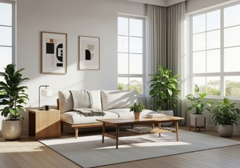 Bright and airy living room with neutral tones, plants, and natural light creating a cozy atmosphere