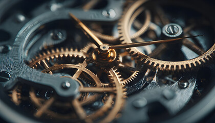Wheel system hidden clock closeup. Macro view metal gears rotating in tandem
