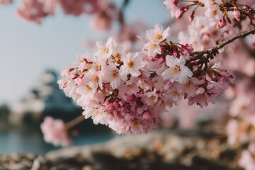 Obraz premium Blossoming cherry tree branches adorned with delicate pink flowers against a serene backdrop embodying the beauty of nature during springtime renewal and awakening