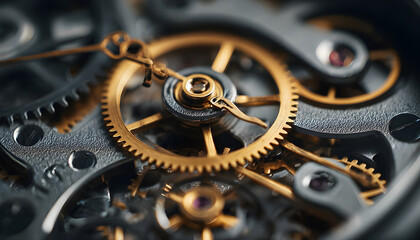 Wheel system hidden clock closeup. Macro view metal gears rotating in tandem