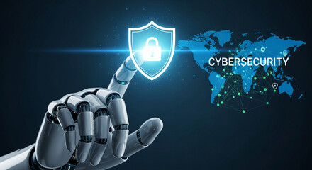 Robotic hand interacts with glowing shield and lock icon, representing cybersecurity protection on a global network, showcasing digital safety and data security