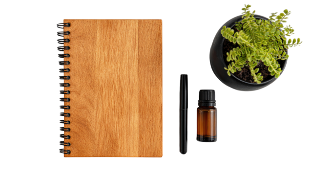 Wooden notebook, pen, and plant