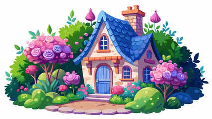 Adorable French country cottage with lilac bushes and pink roses, whimsical fantasy look, vibrant vector color harmony, pure white background, filled with joyful spring spirit.