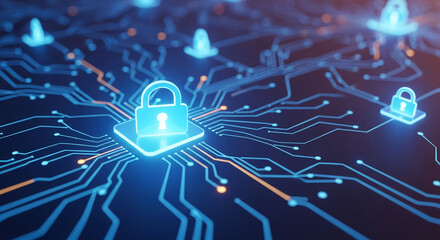 Glowing padlock icons on circuit board, representing digital security, data protection, and cybersecurity, ideal for tech concepts