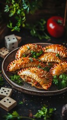 Homemade Baked Pastries with Herbs on Dark Rustic Table