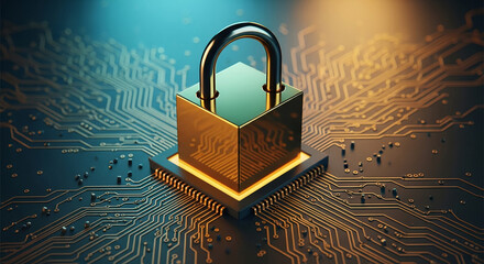 Gold padlock on circuit board, symbolizing digital security and data protection, ideal for technology or cybersecurity concepts