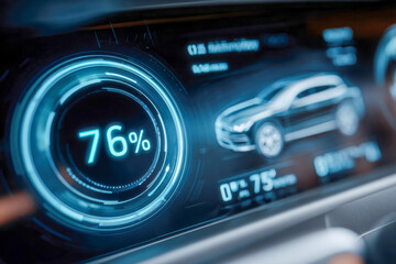 Close-up view of futuristic digital dashboard displaying battery charge percentage and electric vehicle status with sleek user interface in modern car interior