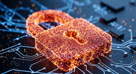 Glowing padlock, particle-shaped, on circuit board background, symbolizing digital security and data protection, ideal for tech concepts