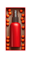 Red spray bottle in a red box, surrounded by orange spheres
