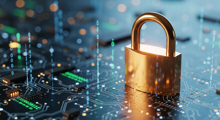 Golden padlock on circuit board, binary code background, symbolizes digital security and data protection, ideal for tech or cybersecurity concepts