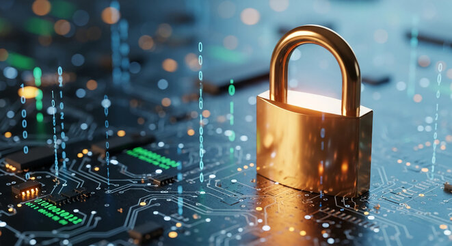 Golden padlock on circuit board, binary code background, symbolizes digital security and data protection, ideal for tech or cybersecurity concepts