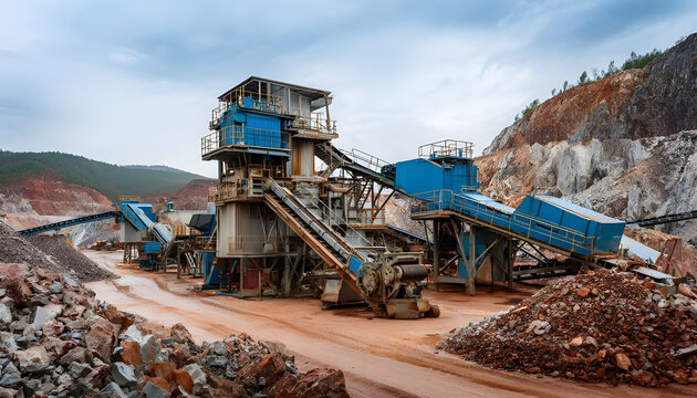 Process Ore is crushed to recover copper, gold, iron top view. Crusher for stones, processing plant on open pit mine