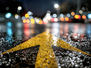Wet street surface with reflective yellow arrow markings and blurred city lights in the background during a rainy night scene