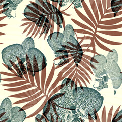 Light tropical leaves and exotic orchid flowers exotic seamless pattern. Floral botanical illustration for bedding, home textile, package, fabric. Rapport illustration.