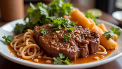 Hearty meat stew plated with noodles, carrots, and fresh cilantro.