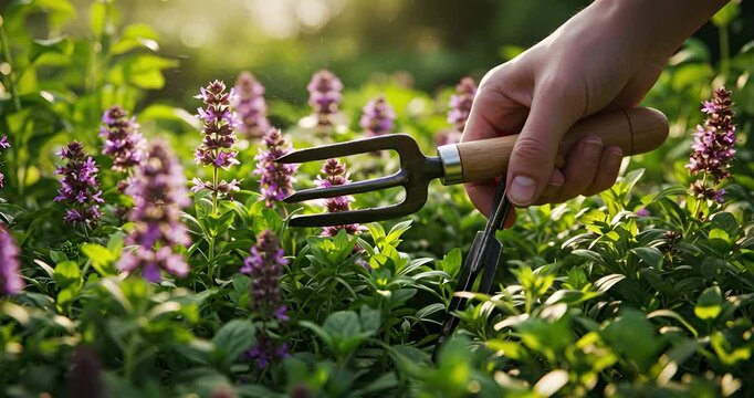 Gardener hand tending to flowering plants with small gardening tool